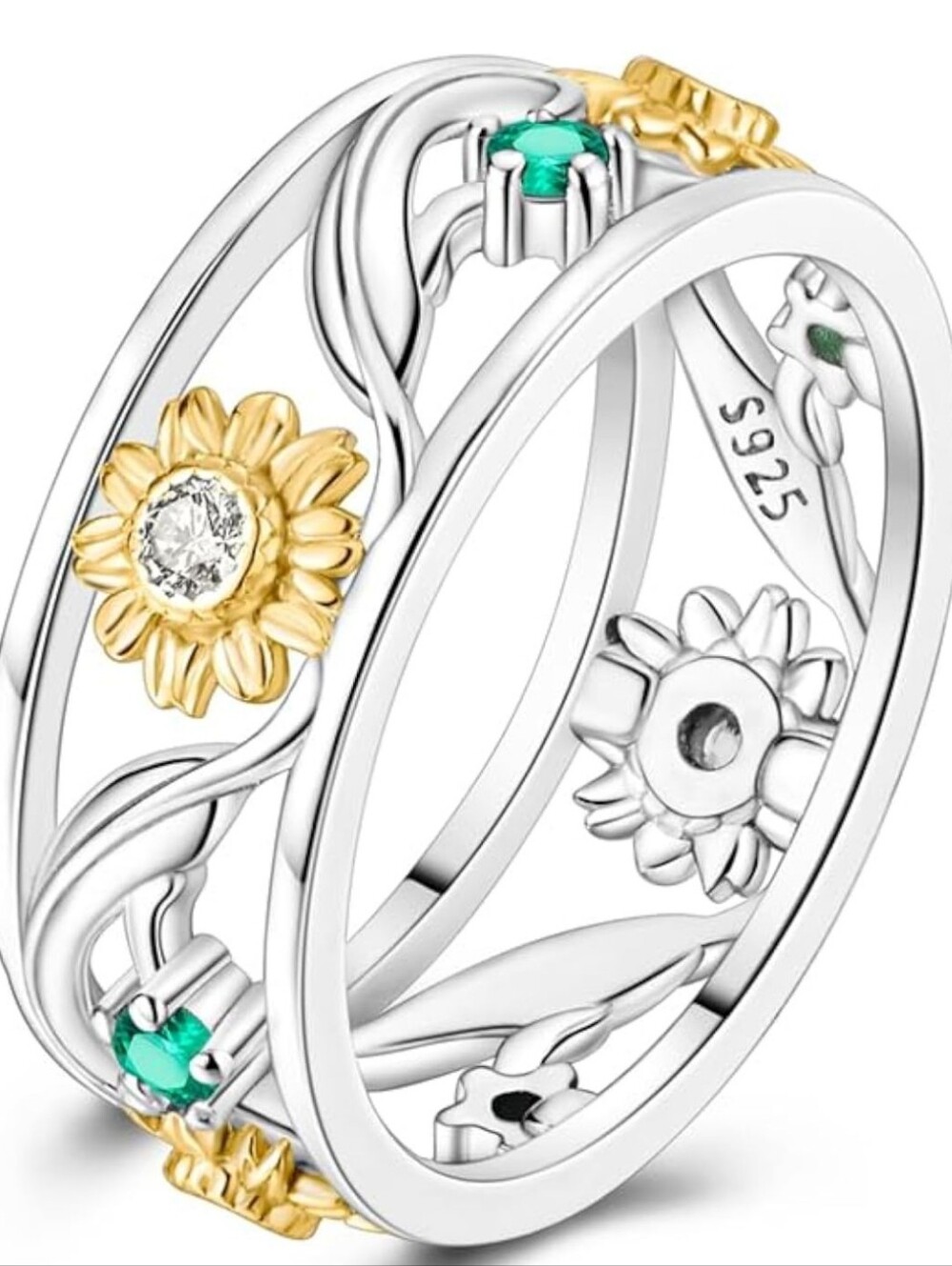 Macy's Two-Tone Sunflower Ring with Green Accents